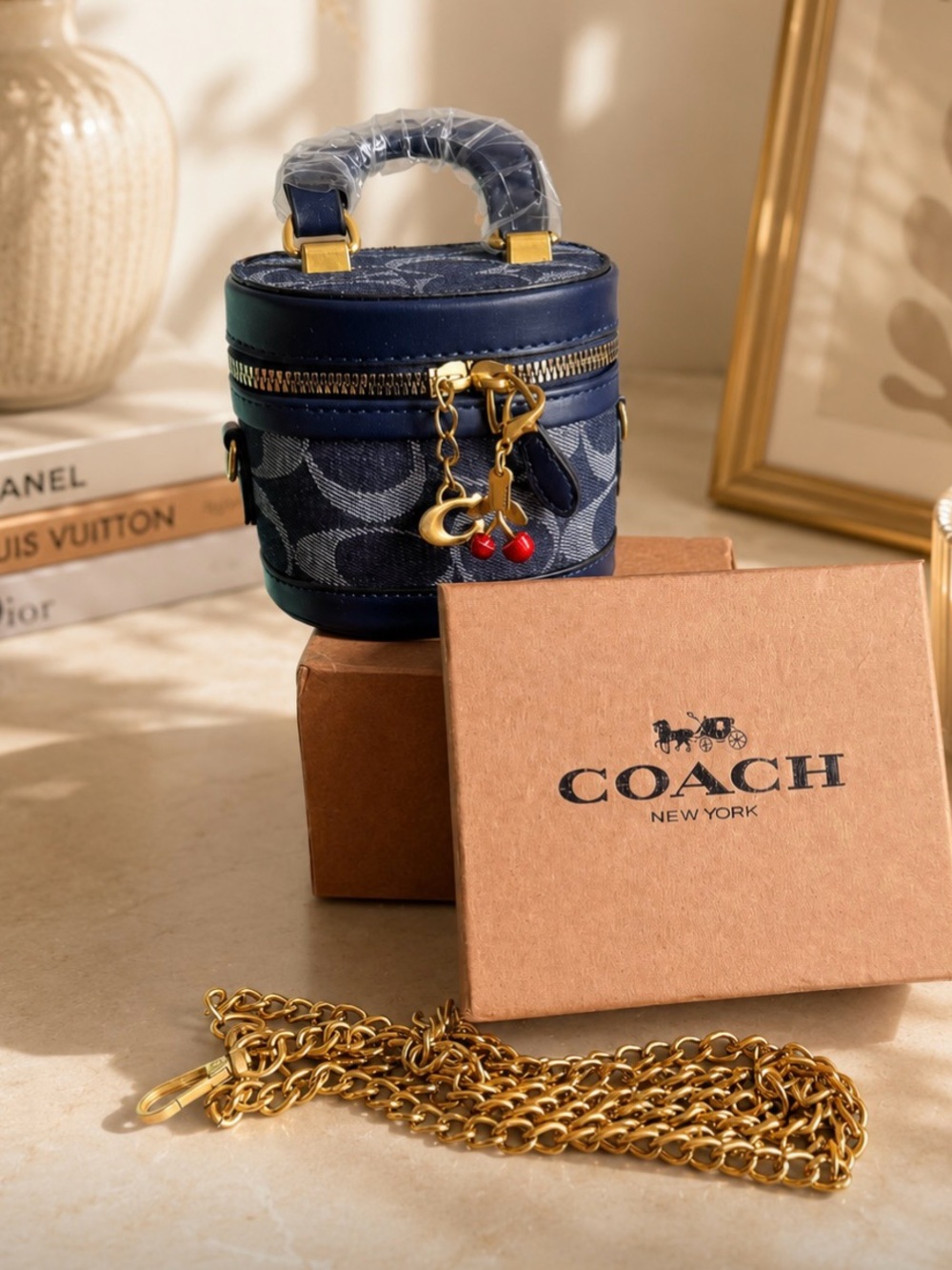 Coach Navy Signature Canvas Mini Vanity Bag with Cherry Charm - Picture 2 of 4